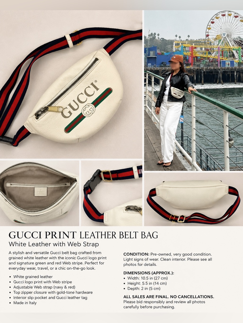 Gucci White Leather Belt Bag with Green-Red Web Stripe